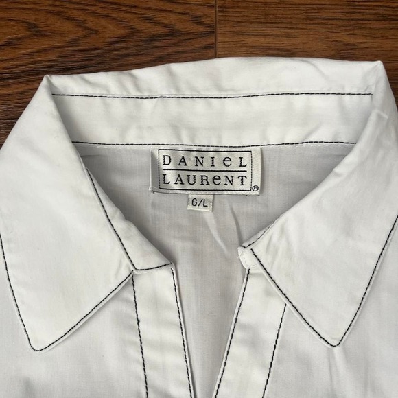 Vintage Y2K White Short Sleeve Blouse Contrast Stitch Waist Tie Button Front L - Picture 2 of 5